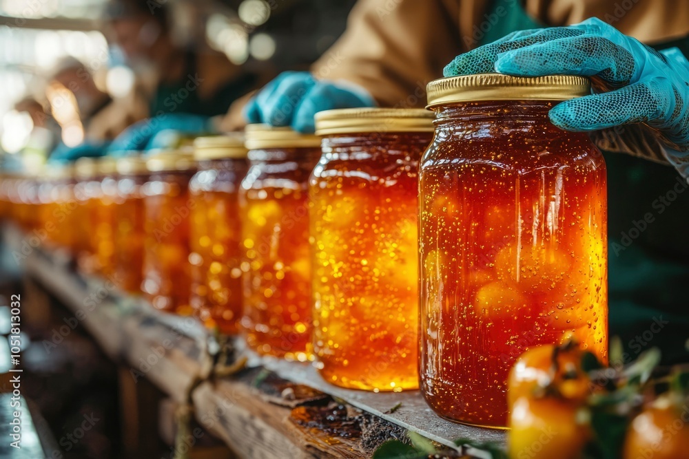 Closeup of Honey Jars Being Bottled by a Worker Wearing Blue Gloves Closeup of Honey Jars Being Bottled by a Worker Wearing Blue Gloves