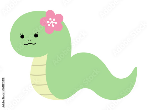 かわいい蛇の女の子のベクターイラスト　巳　巳年　干支　年賀状　花