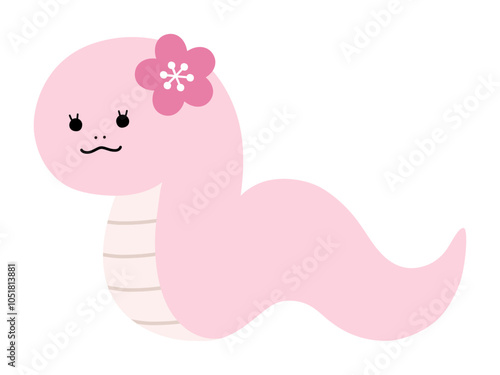 かわいい蛇の女の子のベクターイラスト　巳　巳年　干支　年賀状　花