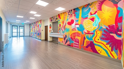 Modern hallway with bright abstract mural on the wall.