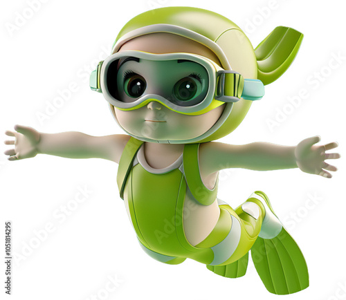 Cute 3D character swimmer diving, full body, wearing a swim cap and goggles, photo