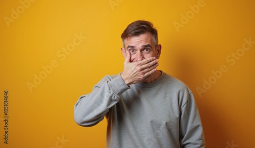 Man with shocked expression covering mouth against yellow background