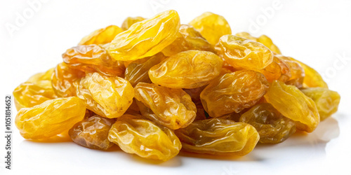 Close-up of a golden yellow raisin, isolated on a transparent background, showcasing its texture and vibrant color. photo