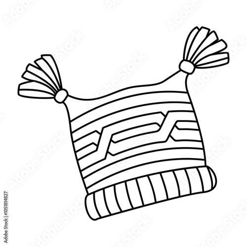 Warm winter hat with pompoms doodle style. Cozy warm clothes. Hand drawn black and white isolated vector illustration