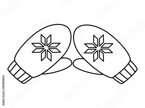 Cute warm mittens with star. Doodle style winter accessories Hand drawn black and white isolated. Vector illustration