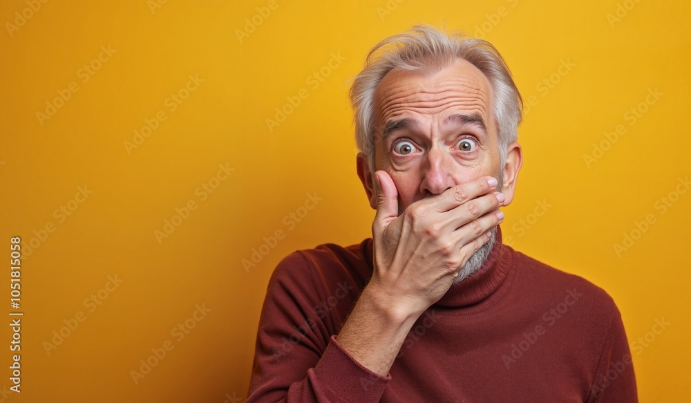 Senior man with shocked expression covering mouth against bright yellow background with copy space Senior man with shocked expression covering mouth against bright yellow background with copy space