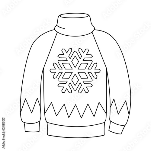 Christmas knitted sweater with snowflake. Doodle style winter clothes. New year cozy winter pullover. Hand drawn black and white isolated vector illustration