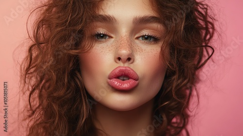 Portrait of a cute african american girl with curly hair blowing a kiss isolated over pink background