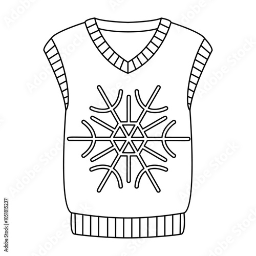 Christmas knitted vest with snowflake. Doodle style winter clothes. New year cozy winter vest. Hand drawn black and white isolated vector illustration