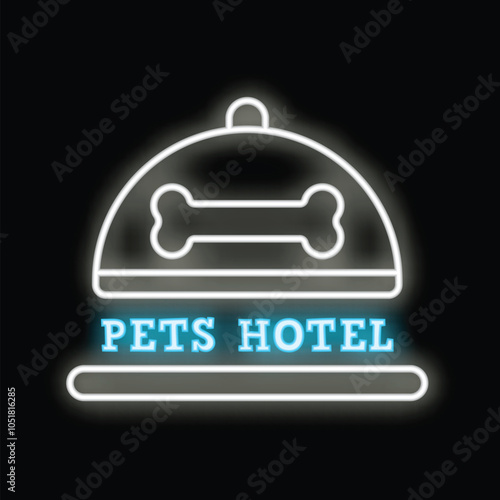 Neon sign for pets hotel with dog bone on black background