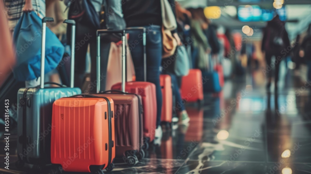 Obraz premium many people waiting in long queues at the airport before boarding a plane - traveling concept