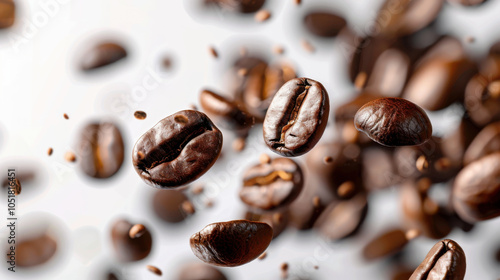 Falling coffee beans close-up, flying coffee beans over dark background