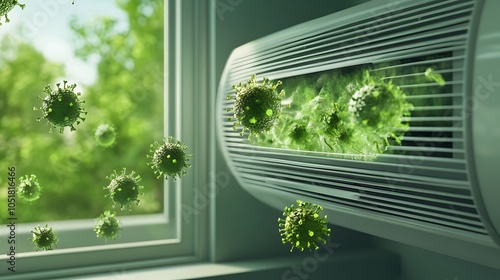 Air conditioner with green mist-like viruses visibly flowing into a room photo