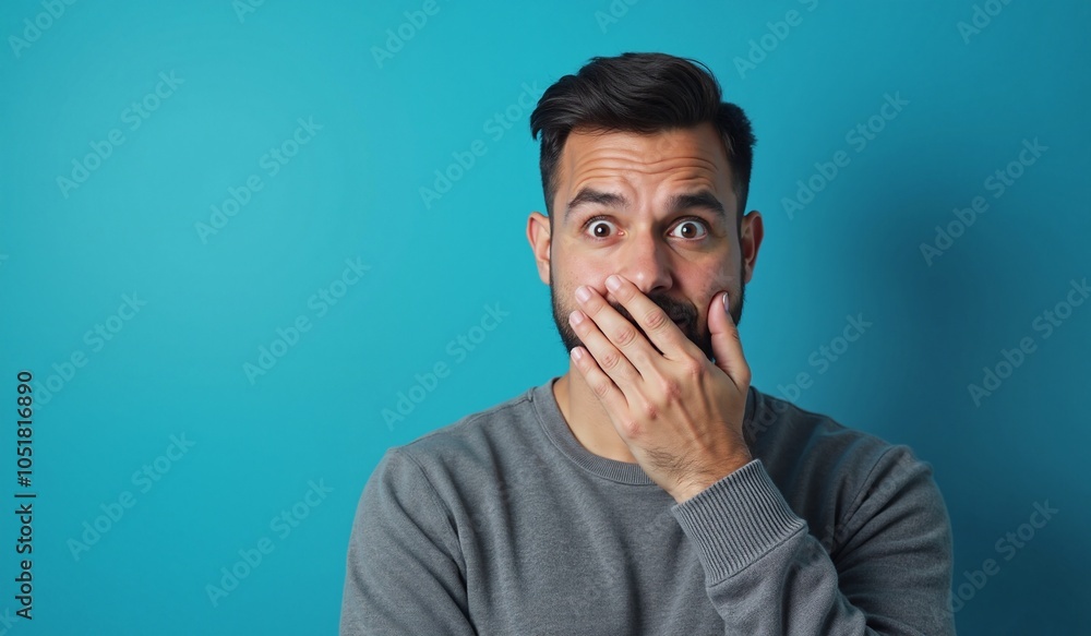 Man with shocked expression covering mouth against turquoise background with copy space Man with shocked expression covering mouth against turquoise background with copy space