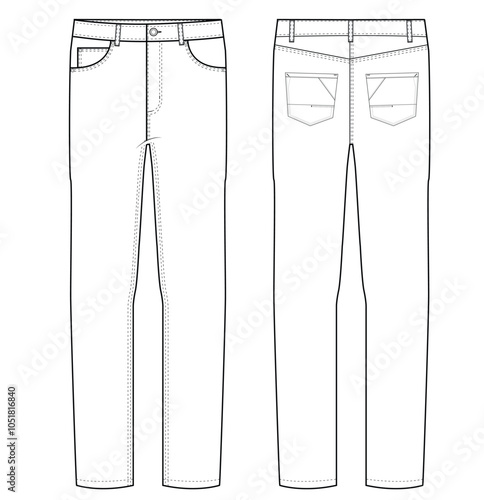 Men's Denim Long Pant fashion flat sketch Fashion pant jeans Illustration template.	