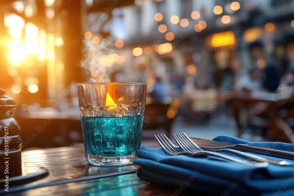 A steaming glass sits elegantly on a café table as the golden hour light creates a warm, inviting ambiance, making the scene feel cozy and idyllic. A steaming glass sits elegantly on a café table as the golden hour light creates a warm, inviting ambiance, making the scene feel cozy and idyllic.