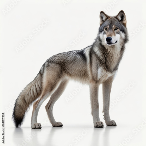 A majestic grey wolf depicted in a 3D illustration, standing confidently and isolated against a pristine white background. The wolf showcases its striking features and natural fur texture. photo