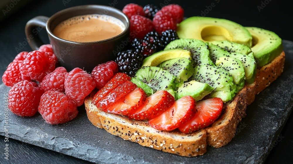 A healthy breakfast featuring toast with avocado, fruits, and coffee. A healthy breakfast featuring toast with avocado, fruits, and coffee.
