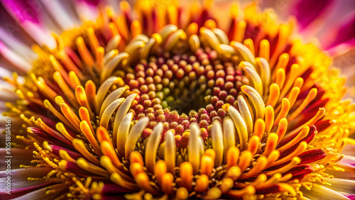 Vibrant close-up of a flower's intricate center with contrasting colors. Intricate flower details with bright yellow stamens and deep pink petals. Macro photography showcasing the beauty of a flower's