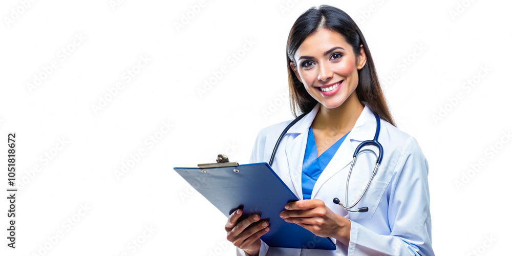 Smiling female doctor holding a clipboard, isolated on a transparent background, radiating professionalism and warmth. Smiling female doctor holding a clipboard, isolated on a transparent background, radiating professionalism and warmth.