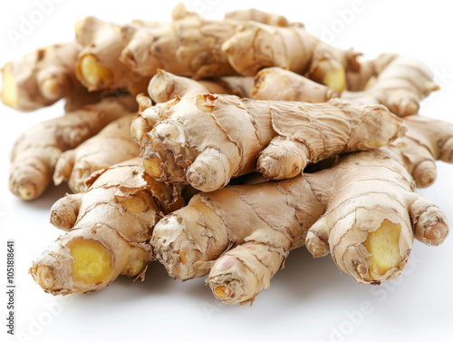 Fresh ginger root or rhizome isolated on white background