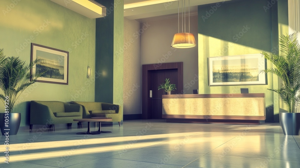 Fototapeta premium A modern reception area in a hotel lobby, showcasing olive green decor, stylish furniture, and a welcoming atmosphere. Open space at the bottom for promotional text.