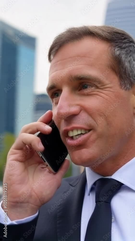 vertical video of middle aged businessman in a suit talking on a cell phone while walking down the street in a financial district with skyscrapers vertical video of middle aged businessman in a suit talking on a cell phone while walking down the street in a financial district with skyscrapers