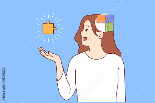 Process of self-discovery in girl with puzzle in head and hands, exploring own thoughts and behavior. Importance of self-discovery for personality development or maintaining psychological balance