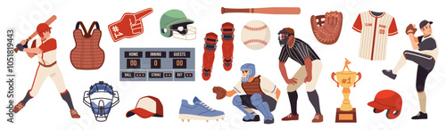 Cartoon baseball game elements. Sports accessories, batting the ball, man in uniform, protection, award cup, professional athletes, score boards, competition prize, tidy vector isolated set