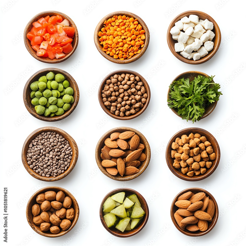 Colorful bowls of healthy ingredients arranged neatly on a white background. Colorful bowls of healthy ingredients arranged neatly on a white background.