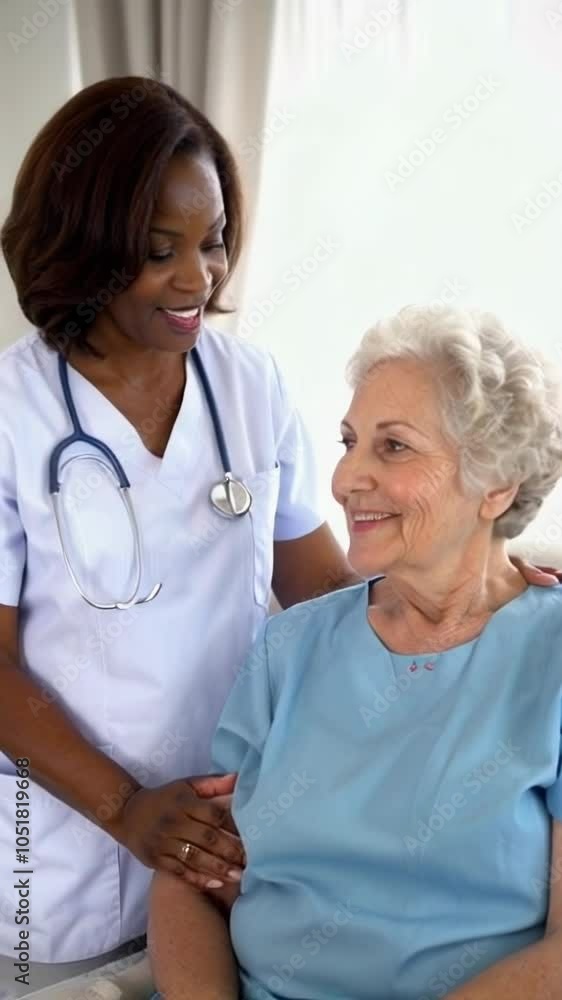 vertical video of an African American nurse with stethoscope caring for an elderly woman vertical video of an African American nurse with stethoscope caring for an elderly woman