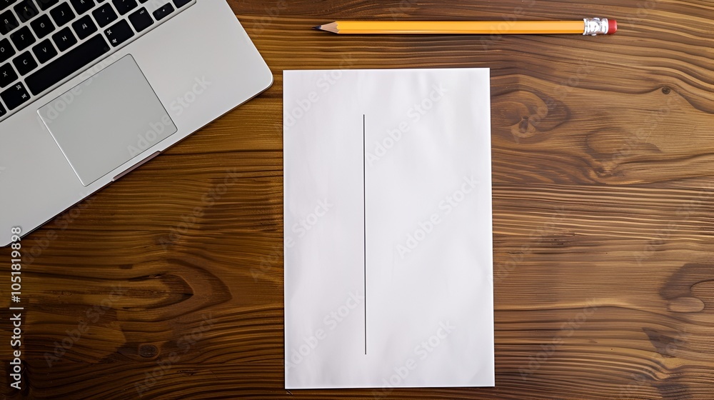 Laptop, Pencil, and Paper on Wooden Desk Workspace Laptop, Pencil, and Paper on Wooden Desk Workspace