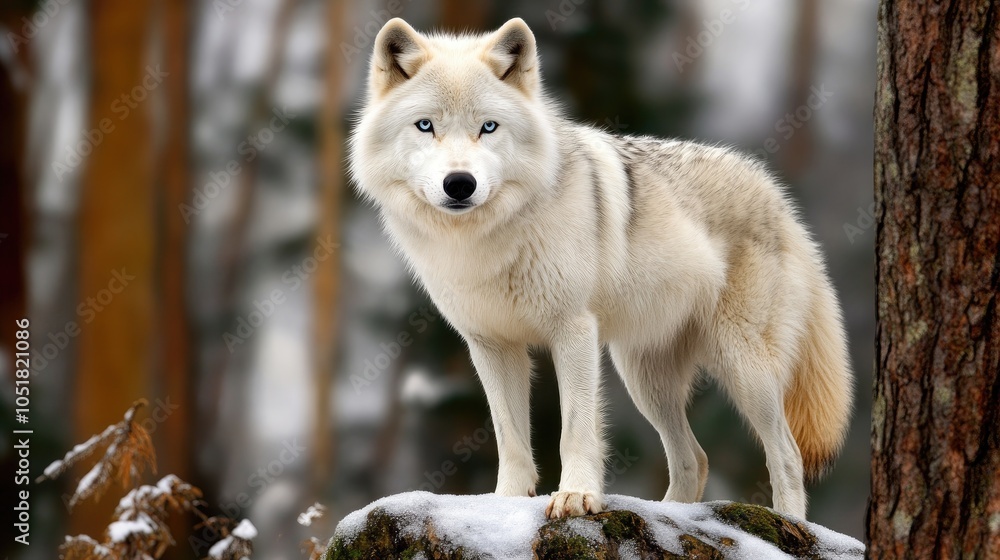 Obraz premium The white wolf gazes intently from its icy perch, illuminated by the full moon, creating a captivating winter atmosphere