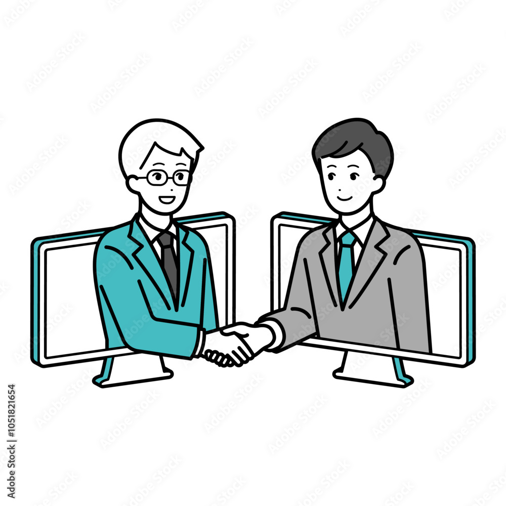 Illustration of a male businessperson shaking hands online.
Illustration of a male businessperson shaking hands online.