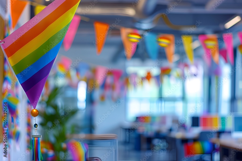 LGBTQ+ Rainbow Flags and Banners in Modern Office LGBTQ+ Rainbow Flags and Banners in Modern Office