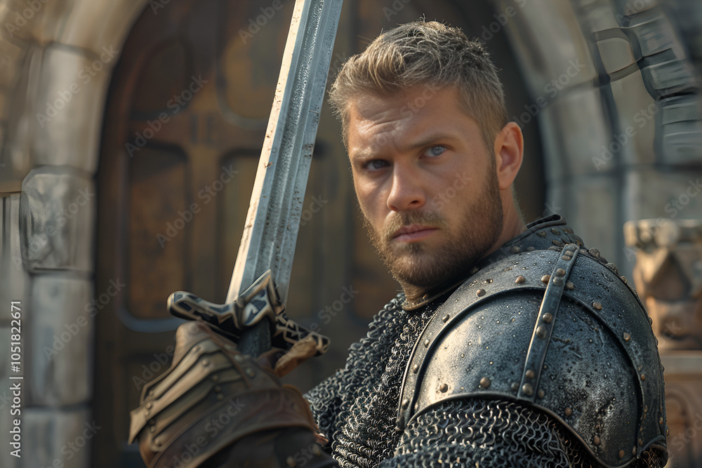 A handsome man in a chainmail shirt holds up his sword, ready for battle. He has short blonde hair and a beard with gray highlights, Generative AI A handsome man in a chainmail shirt holds up his sword, ready for battle. He has short blonde hair and a beard with gray highlights, Generative AI