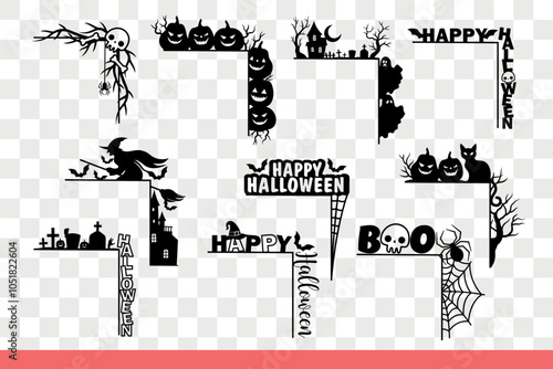 Halloween decorations on corners and frames for photos or cards with scary elements and titles. Flying witch and jack-o-lanterns on corners with symbols of halloween holiday. Hand drawn.