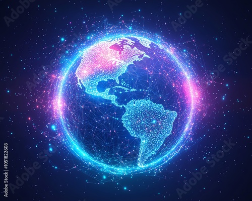 3D Earth globe with interconnected digital data blocks, illuminated virtual connections, modern technology design, bright neon colors, immersive global network