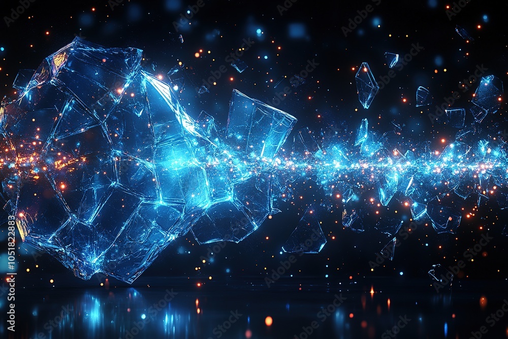 Fototapeta premium Abstract blue and orange glowing particles with a shattered crystal in the center.