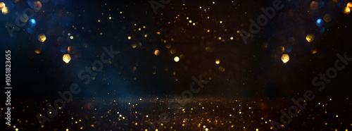 abstract glitter black, blue and gold lights background. de-focused