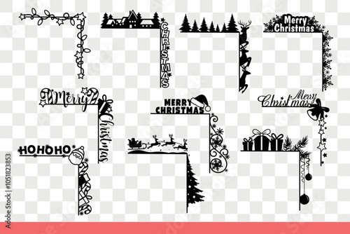 Christmas headers on corners and frames for portraits or cards with congratulatory words. Merry Christmas and happy New Year slogans on corners with pins and winter decorations. Hand drawn.