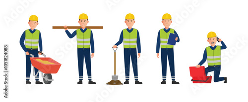 Simple flat 2d construction maintenance worker vector character in a set of multiple poses. Easy to edit and isolated on a white background. 