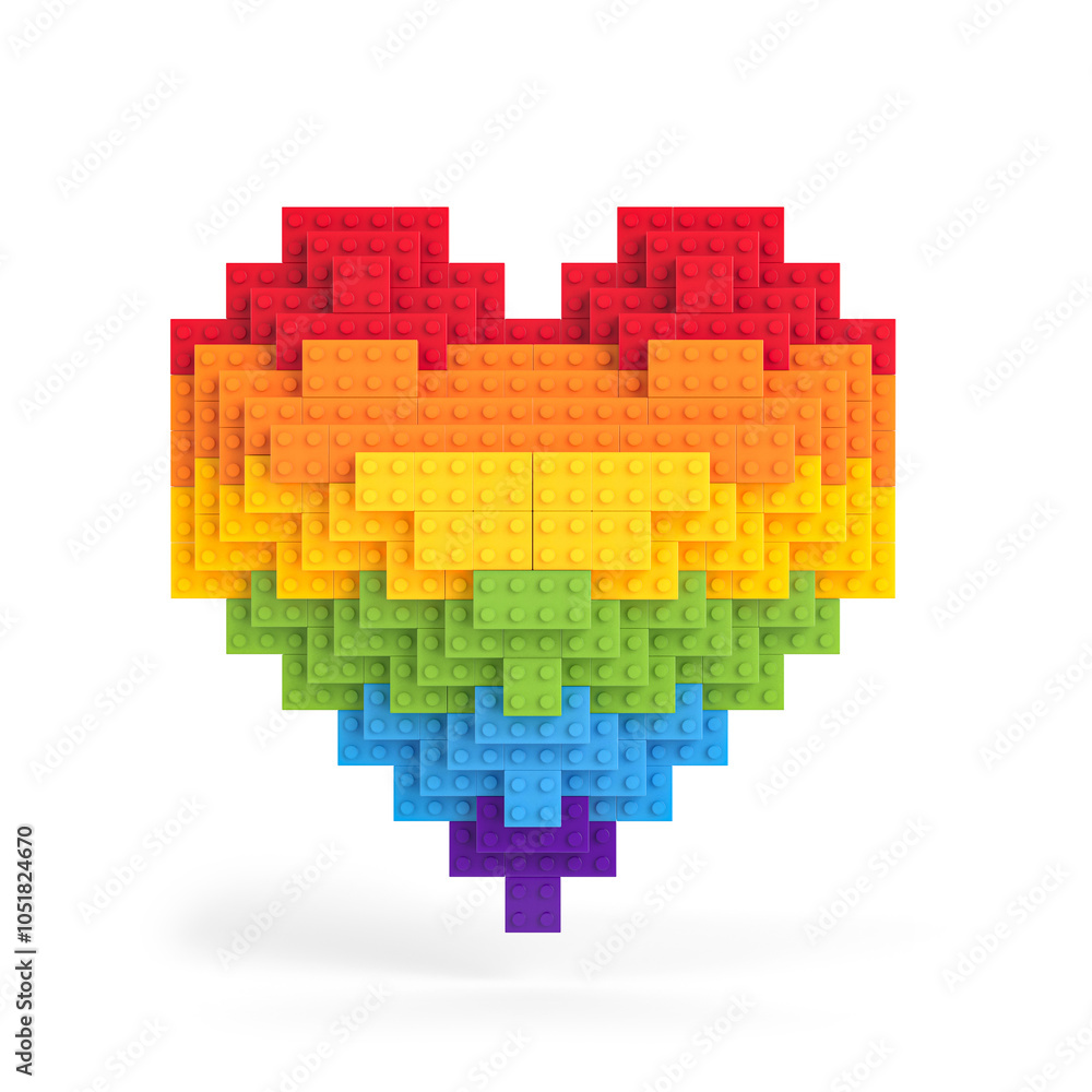 Obraz premium LGBT pride flag or rainbow pride flag on heart . heart composed building blocks isolated on white background. 3D Rendering .