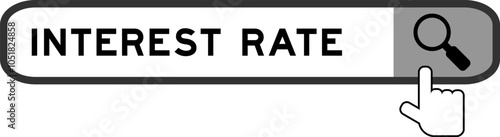 Search banner in word interest rate with hand over magnifier icon on white background