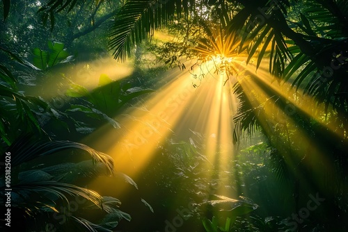 Forest morning with golden sunlight in countryside in Taiwan, Asia. Fantastic foggy forest with pine tree in the sunlight. Sun beams through tree. Beauty world