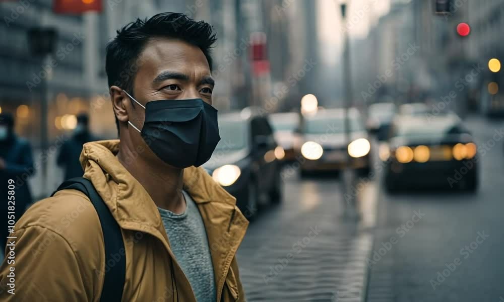 Man wearing a mask in a city contaminated with pollution. Man wearing a mask in a city contaminated with pollution.