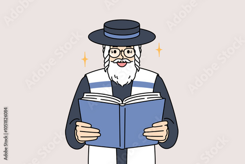 Old jewish man reads torah, studying gospel or prayers for shabbat visit to synagogue. Orthodox jewish in hat and blue and white vest in process of worship during holiday celebration of hanukkah