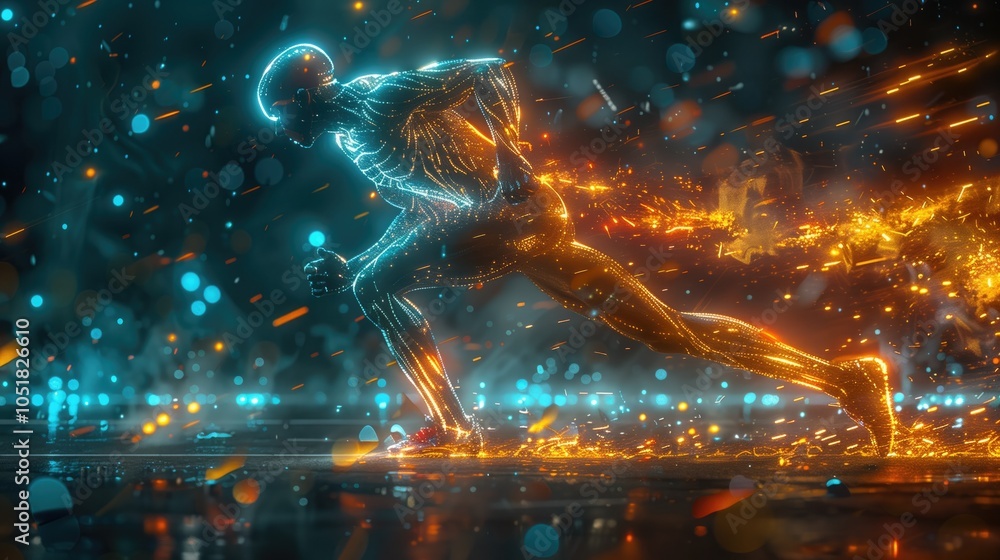 Obraz premium action marathon running shot. professional track and field athlete running wearing Lace running sports wear, Tron vibes. 