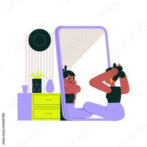 Admiring reflection in a large mirror, woman sitting in front adjusting hair, flat vector illustration for beauty, self-care, and personal grooming, isolated on a white background