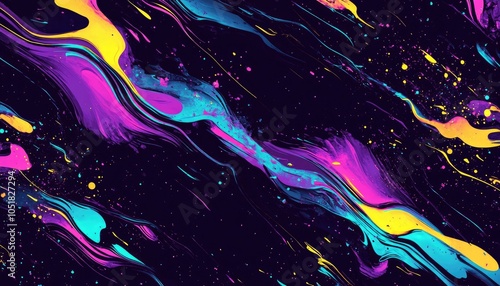 Abstract Swirls of Neon Yellow, Blue, and Purple Paint on Black Background photo